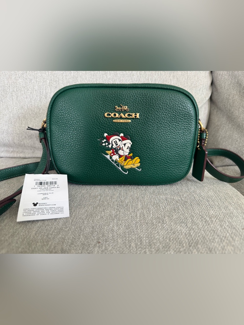 NWT Coach x Disney Pine Green Mini Jamie Crossbody Bag Sleigh Ride Minnie Mickey